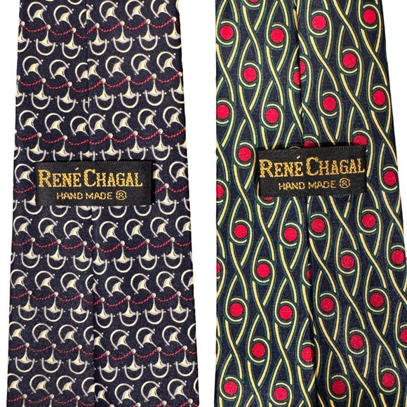2 X Rene Chagal Men Handmade Necktie Tie Myung Ju Silk Black Red Foulard 56x3.75 - Picture 4 of 9
